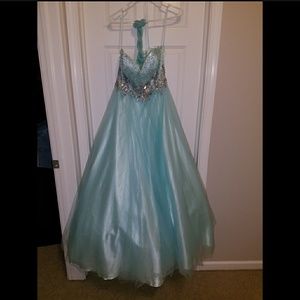 Teal ballgown prom dress with sash